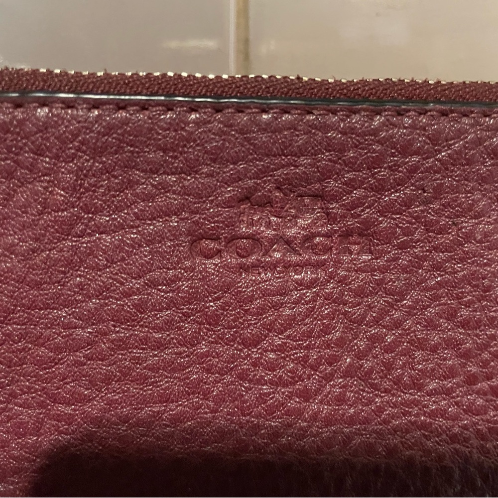 Coach Double Zippered Wallet Wristlet. Burgundy pebbled leather. - Picture 2 of 9